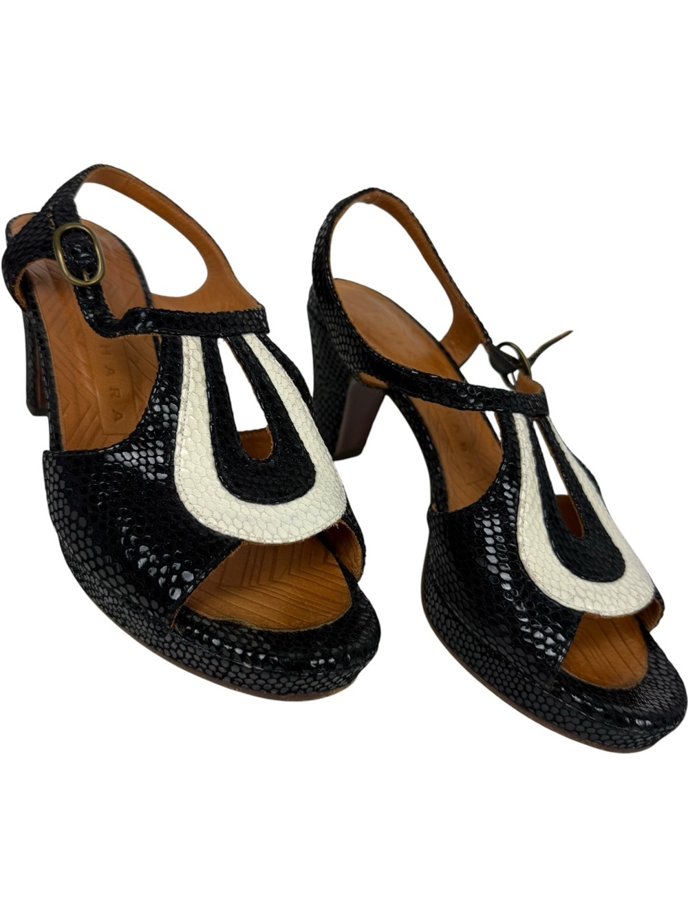 Chie Mihara T Strap Black White Heels